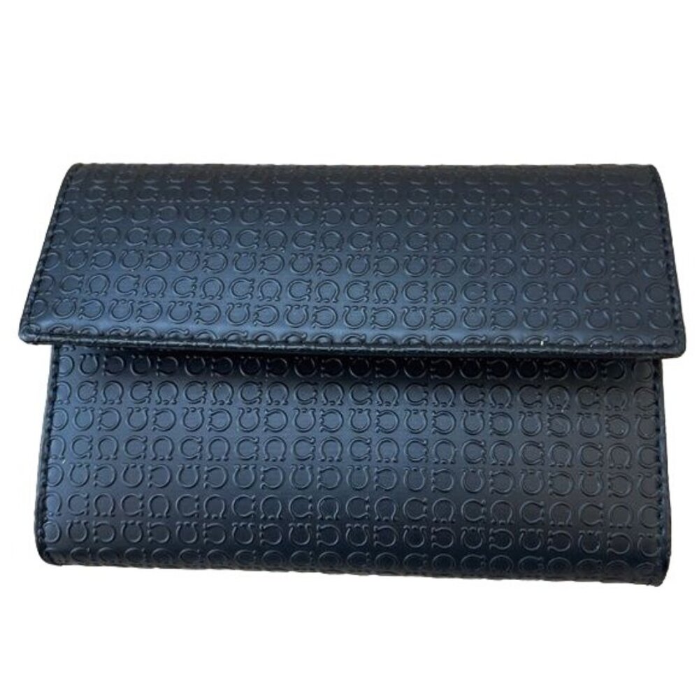 Salvatore Ferragamo Wallet Trifold Snap Black Logo Embossed ID Pocket